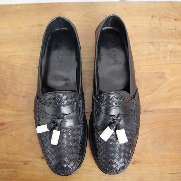 Men\'s New Cole Haan Italian Made Black Leather Tassel Woven Loafers 11.5D main image 5